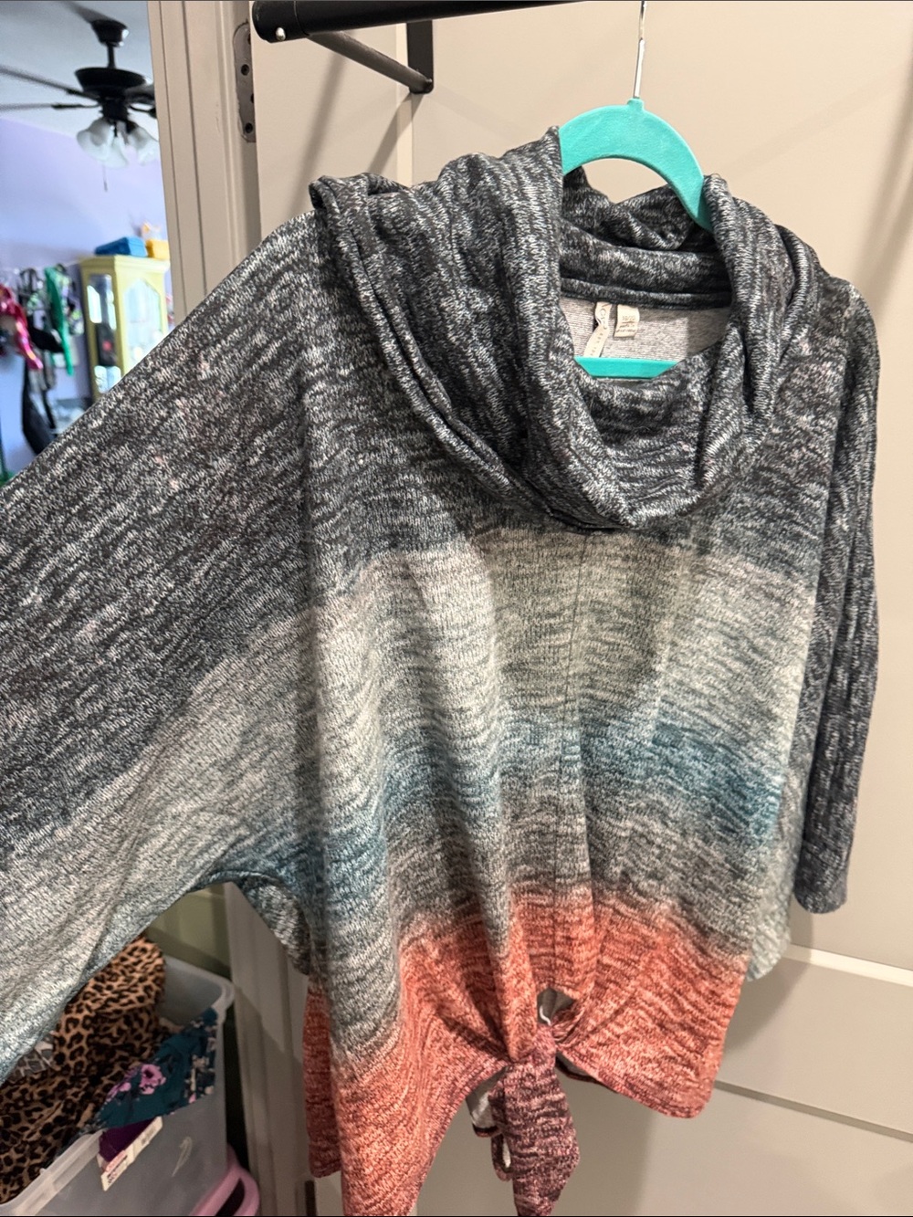 Women's Ombre Knit Cowl Neck Sweater with Tie Hem - Gray, Blue & Coral